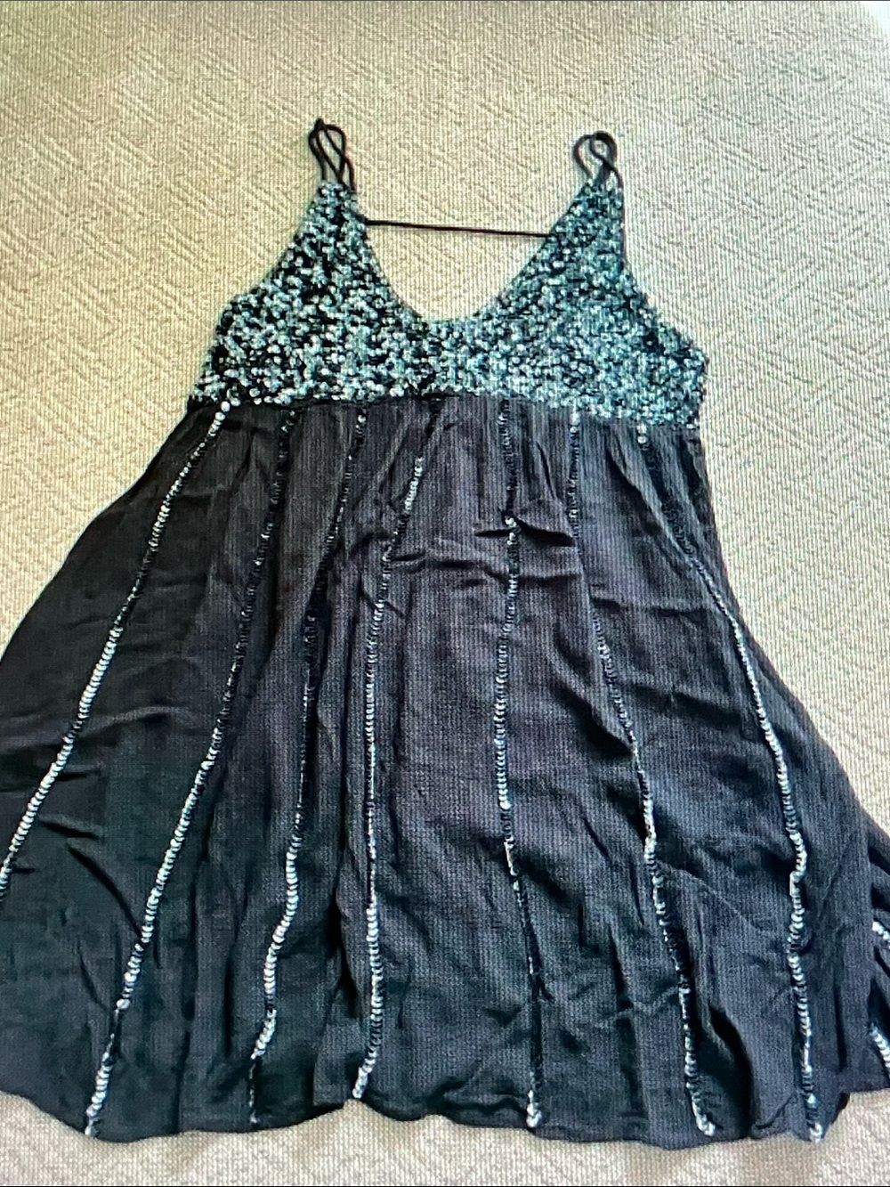Free People Black Mini Dress with Teal Sequin Bodice - Picture 1 of 6